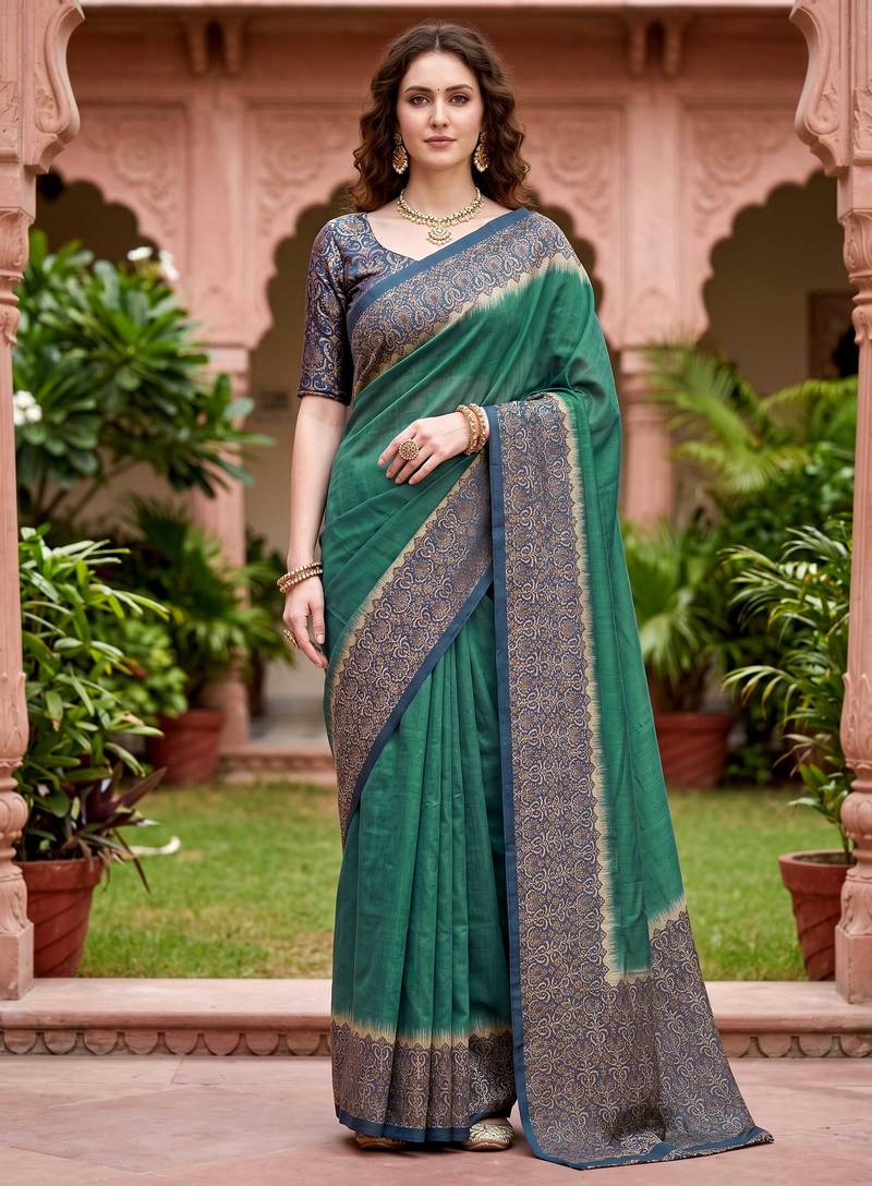 green woven cotton saree with blouse