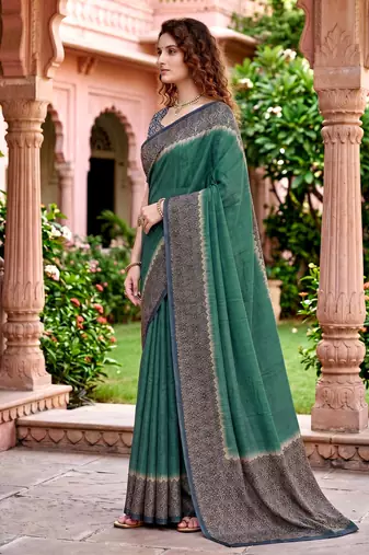 green woven cotton saree with blouse