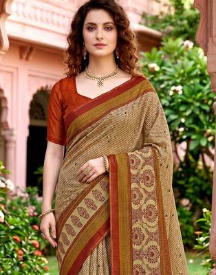 beige woven cotton saree with blouse 2