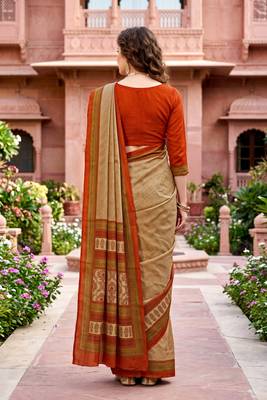 beige woven cotton saree with blouse 4
