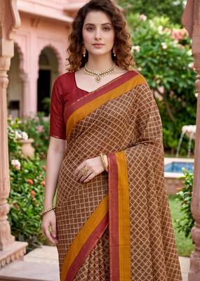 beige woven cotton saree with blouse 2