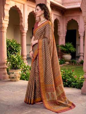 beige woven cotton saree with blouse 3