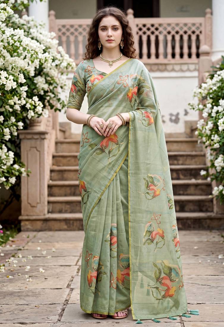 green woven cotton saree with blouse