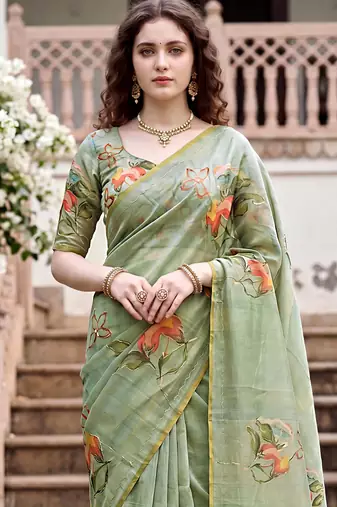 green woven cotton saree with blouse