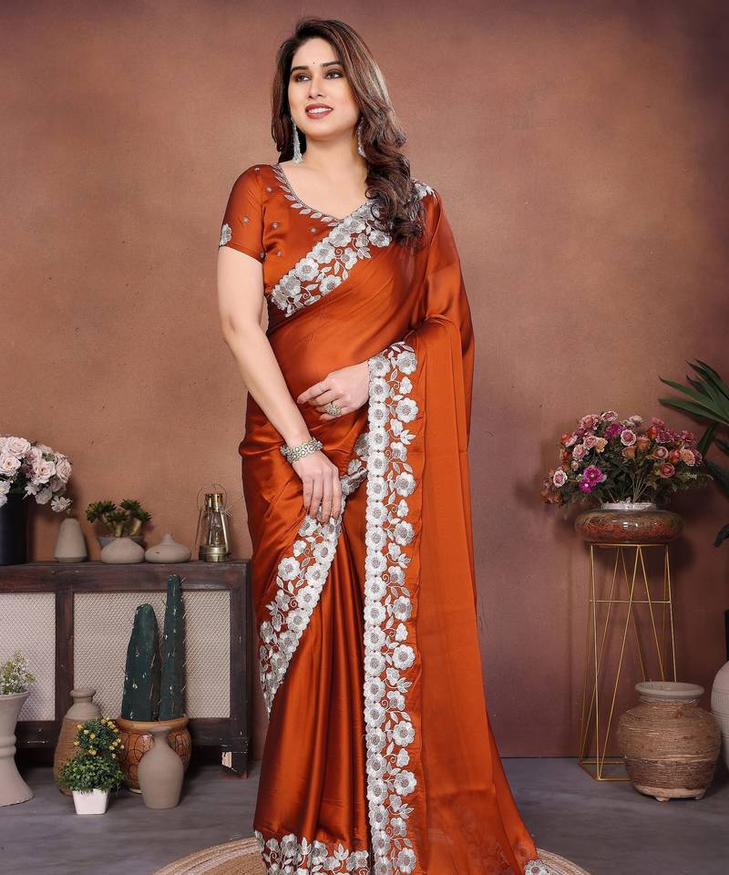 Women Orange Floral Embroidered Designer Saree