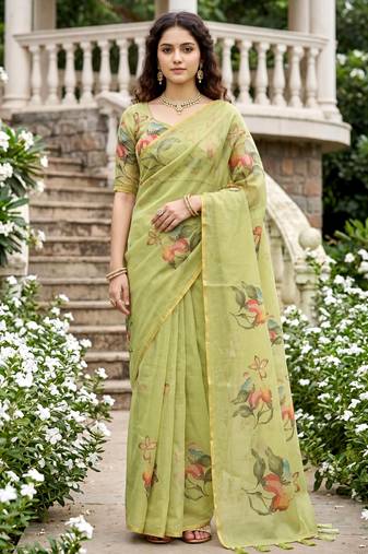 green woven cotton saree with blouse