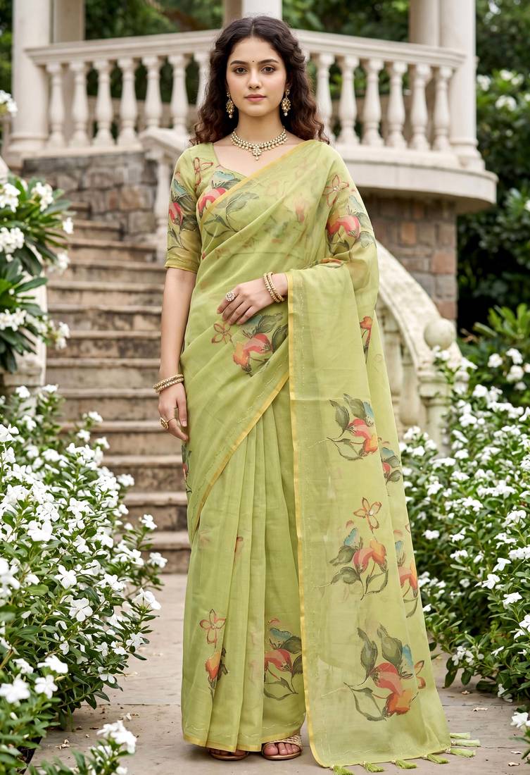green woven cotton saree with blouse