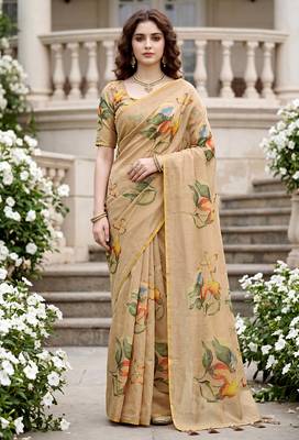 beige woven cotton saree with blouse 1