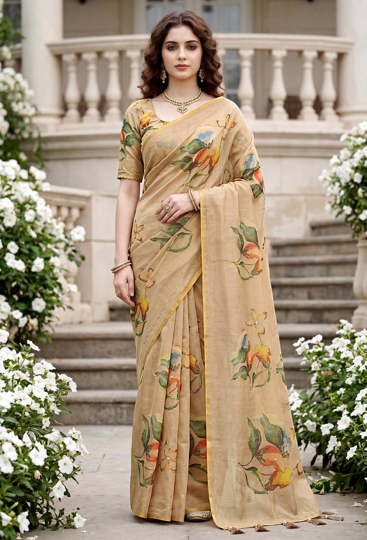 beige woven cotton saree with blouse