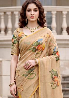 beige woven cotton saree with blouse 2