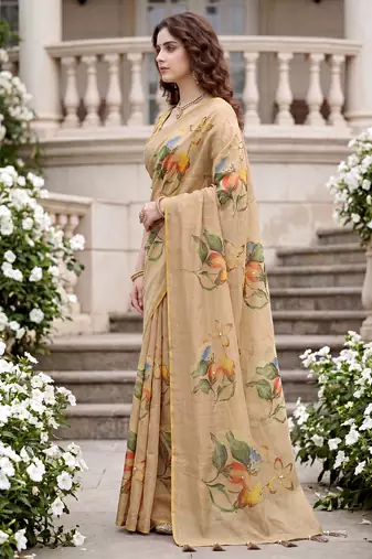 beige woven cotton saree with blouse
