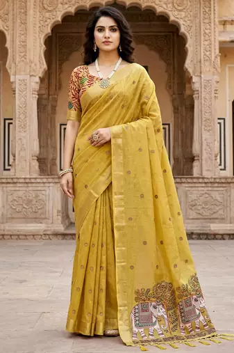 yellow woven cotton saree with blouse