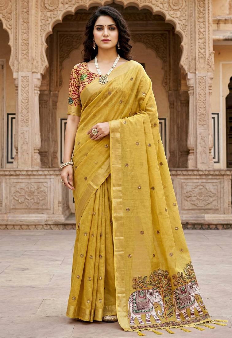yellow woven cotton saree with blouse