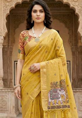 yellow woven cotton saree with blouse 2