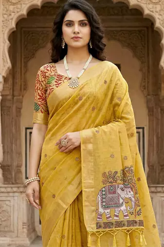 yellow woven cotton saree with blouse