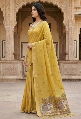yellow woven cotton saree with blouse 3