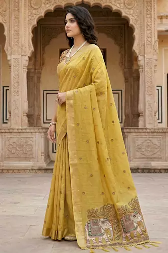 yellow woven cotton saree with blouse