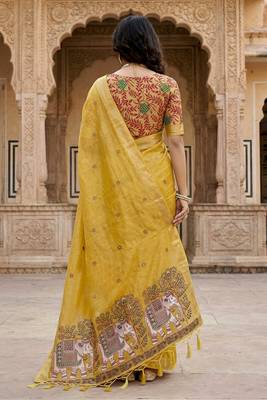yellow woven cotton saree with blouse 4