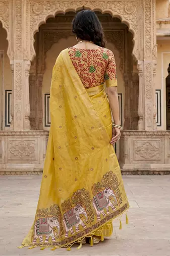 yellow woven cotton saree with blouse
