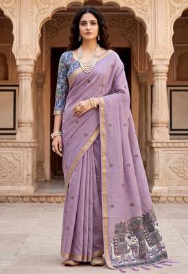 purple woven cotton saree with blouse 1