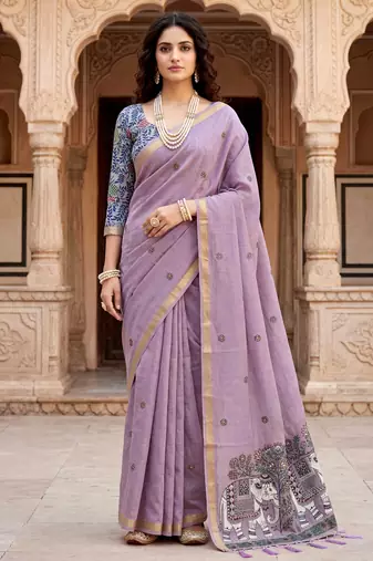 purple woven cotton saree with blouse