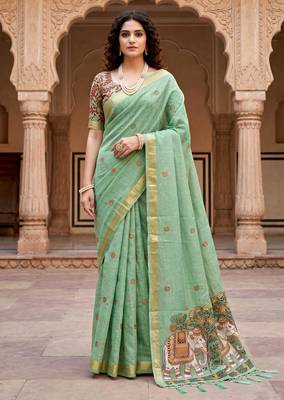 green woven cotton saree with blouse 1