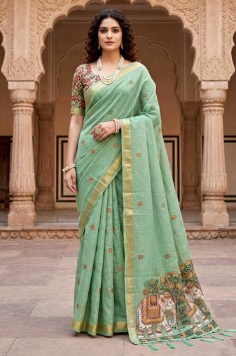 green woven cotton saree with blouse
