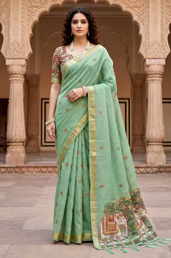 green woven cotton saree with blouse