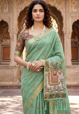 green woven cotton saree with blouse 2