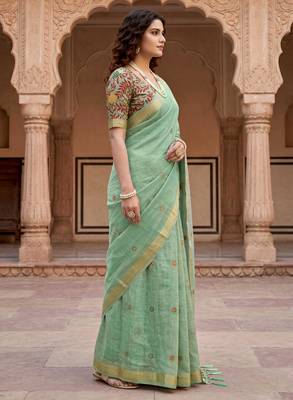 green woven cotton saree with blouse 3
