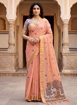peach woven cotton saree with blouse 1