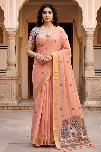peach woven cotton saree with blouse