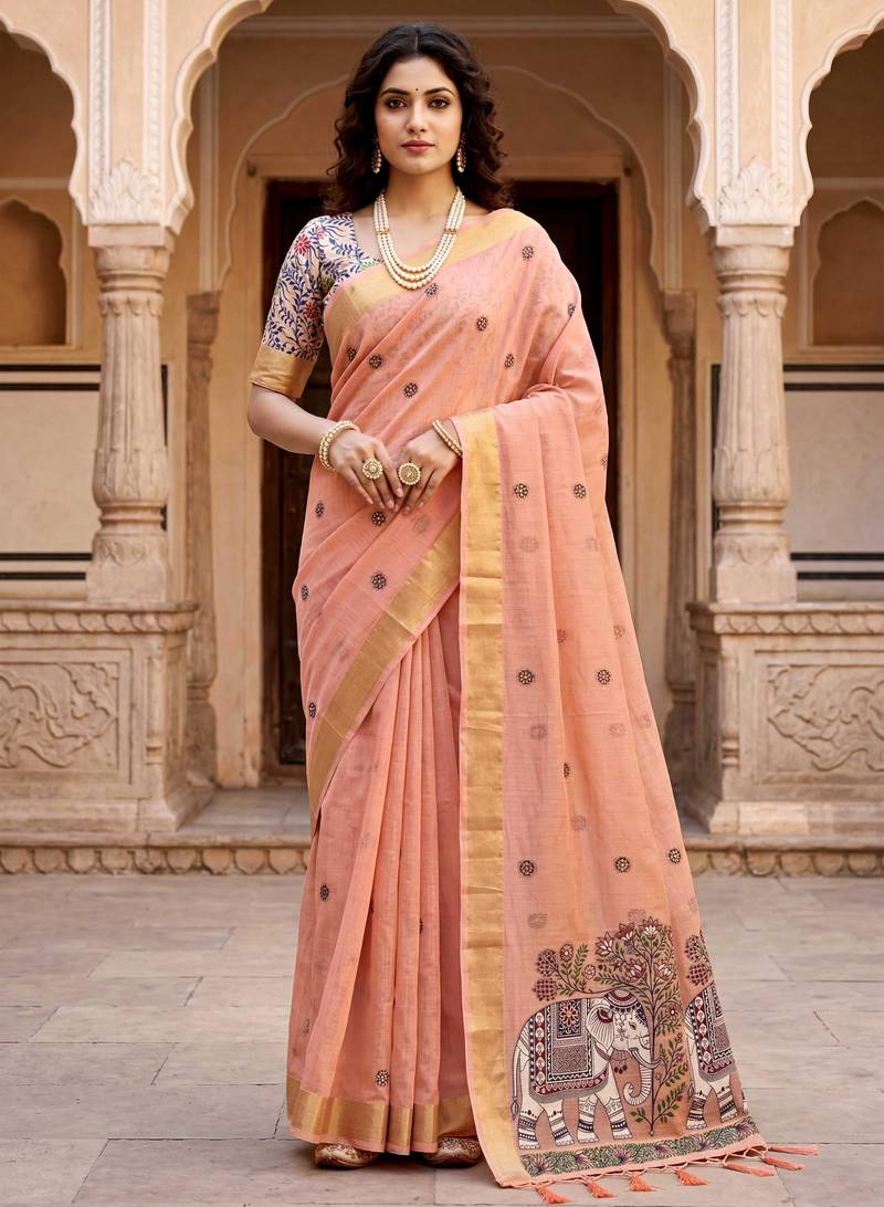 peach woven cotton saree with blouse