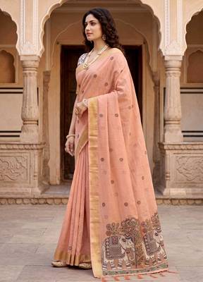 peach woven cotton saree with blouse 3