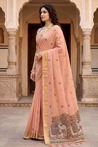 peach woven cotton saree with blouse