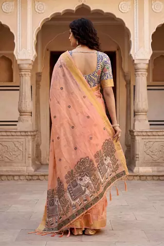 peach woven cotton saree with blouse
