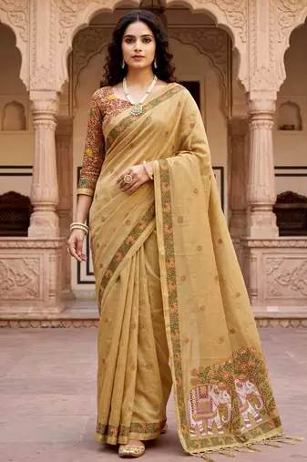 beige woven cotton saree with blouse