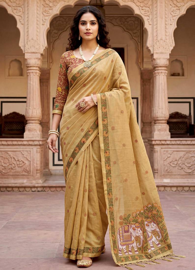beige woven cotton saree with blouse