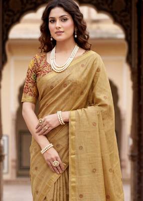 beige woven cotton saree with blouse 2