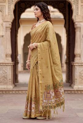 beige woven cotton saree with blouse 3