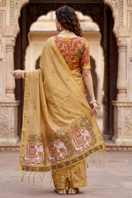 beige woven cotton saree with blouse 4