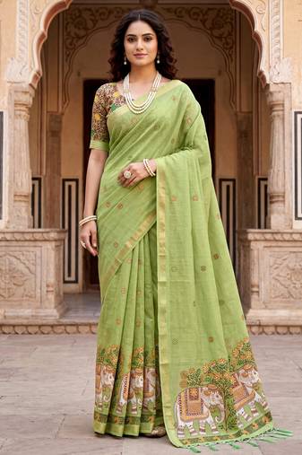 green woven cotton saree with blouse