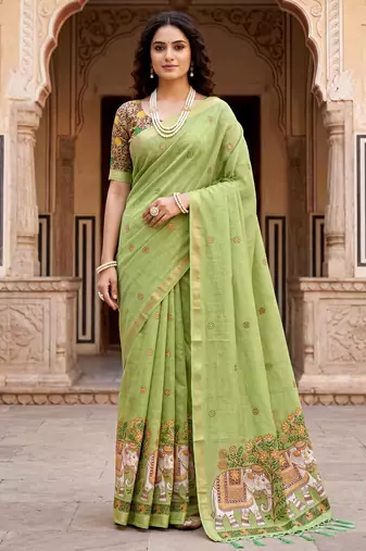 green woven cotton saree with blouse