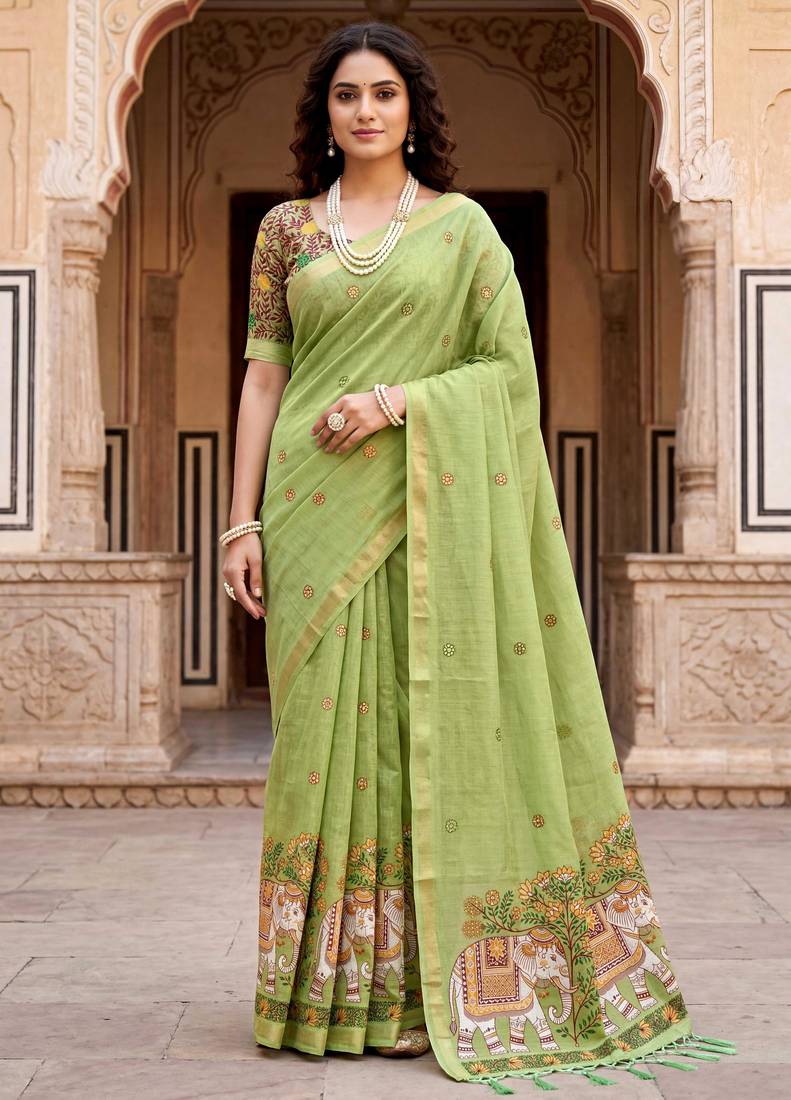 green woven cotton saree with blouse