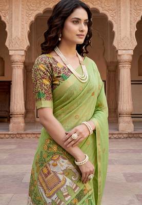 green woven cotton saree with blouse 2