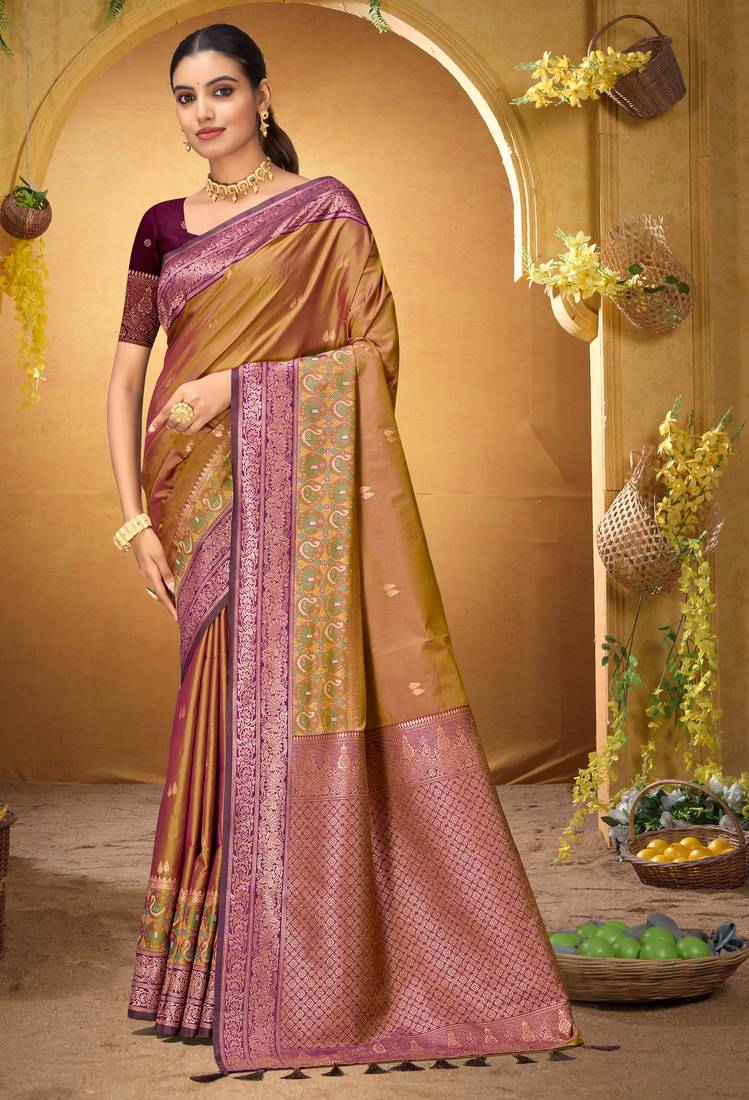 mustard woven silk blend saree with blouse