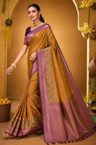 mustard woven silk blend saree with blouse