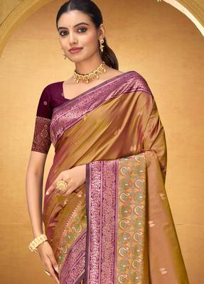 mustard woven silk blend saree with blouse 3