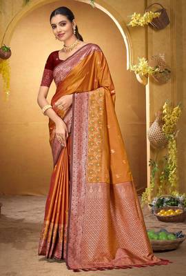 orange woven silk blend saree with blouse 1
