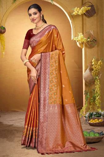 orange woven silk blend saree with blouse